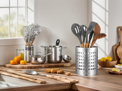 round SUS304 Stainless Steel Utensil Holder Set of 2 - Silver Caddy & Organizer for Drying Cooking Spoons, Spatulas, and Silverware - Essential Kitchen Container for Countertop