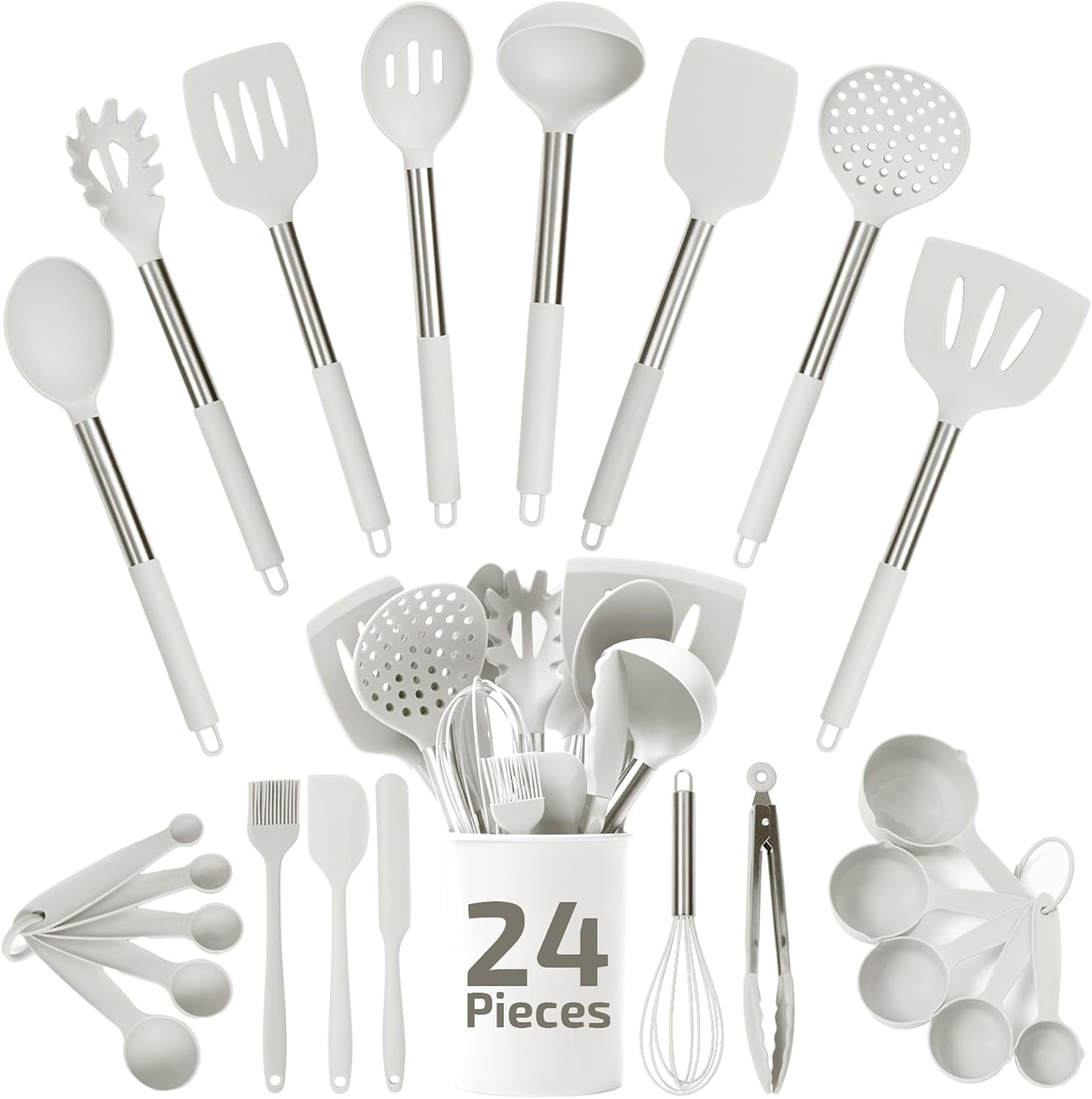 Silicone Kitchen Utensils Set - 24-Pieces 450F Heat Resistant White Cooking Utensils for Nonstick Cookware - Silicone Spatulas Set, Stainless Steel Handle & Other Kitchen Accessories