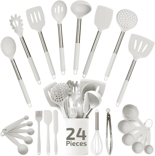 Silicone Kitchen Utensils Set - 24-Pieces 450F Heat Resistant White Cooking Utensils for Nonstick Cookware - Silicone Spatulas Set, Stainless Steel Handle & Other Kitchen Accessories