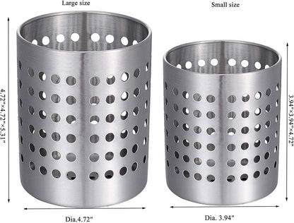 round SUS304 Stainless Steel Utensil Holder Set of 2 - Silver Caddy & Organizer for Drying Cooking Spoons, Spatulas, and Silverware - Essential Kitchen Container for Countertop