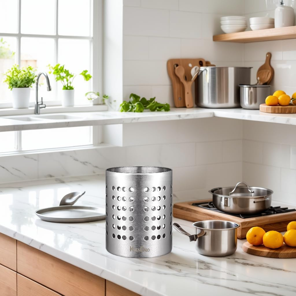 round SUS304 Stainless Steel Utensil Holder Set of 2 - Silver Caddy & Organizer for Drying Cooking Spoons, Spatulas, and Silverware - Essential Kitchen Container for Countertop