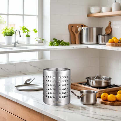 round SUS304 Stainless Steel Utensil Holder Set of 2 - Silver Caddy & Organizer for Drying Cooking Spoons, Spatulas, and Silverware - Essential Kitchen Container for Countertop