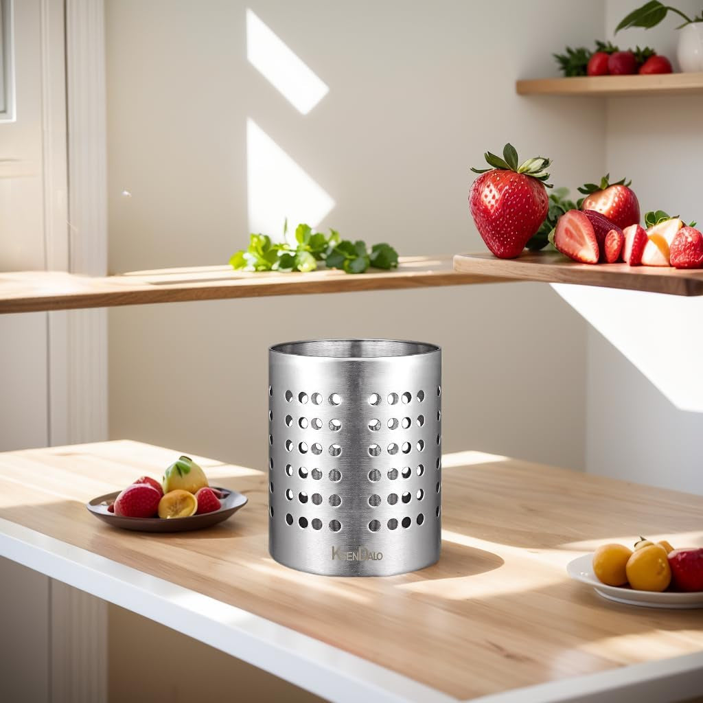 round SUS304 Stainless Steel Utensil Holder Set of 2 - Silver Caddy & Organizer for Drying Cooking Spoons, Spatulas, and Silverware - Essential Kitchen Container for Countertop