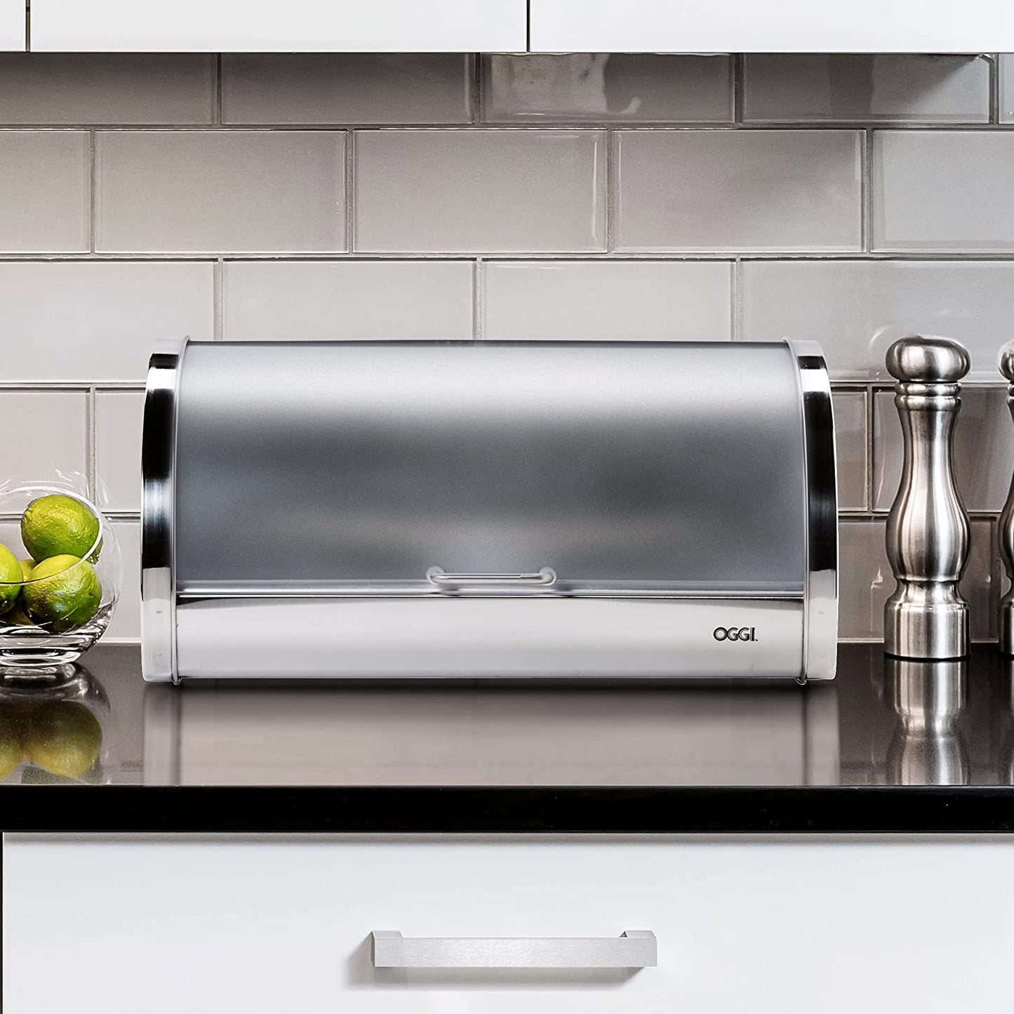 Stainless Steel Roll Top Bread Box for Kitchen Countertop with Frosted Plexilass Lid - Fits Multiple Loaves of Bread and Other Freshly Baked Goods Including Cookies, Bagels, Muffins