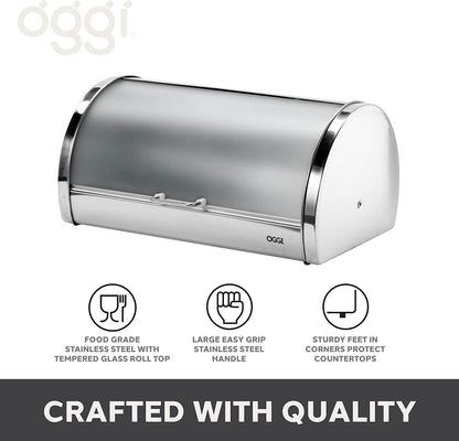 Stainless Steel Roll Top Bread Box for Kitchen Countertop with Frosted Plexilass Lid - Fits Multiple Loaves of Bread and Other Freshly Baked Goods Including Cookies, Bagels, Muffins