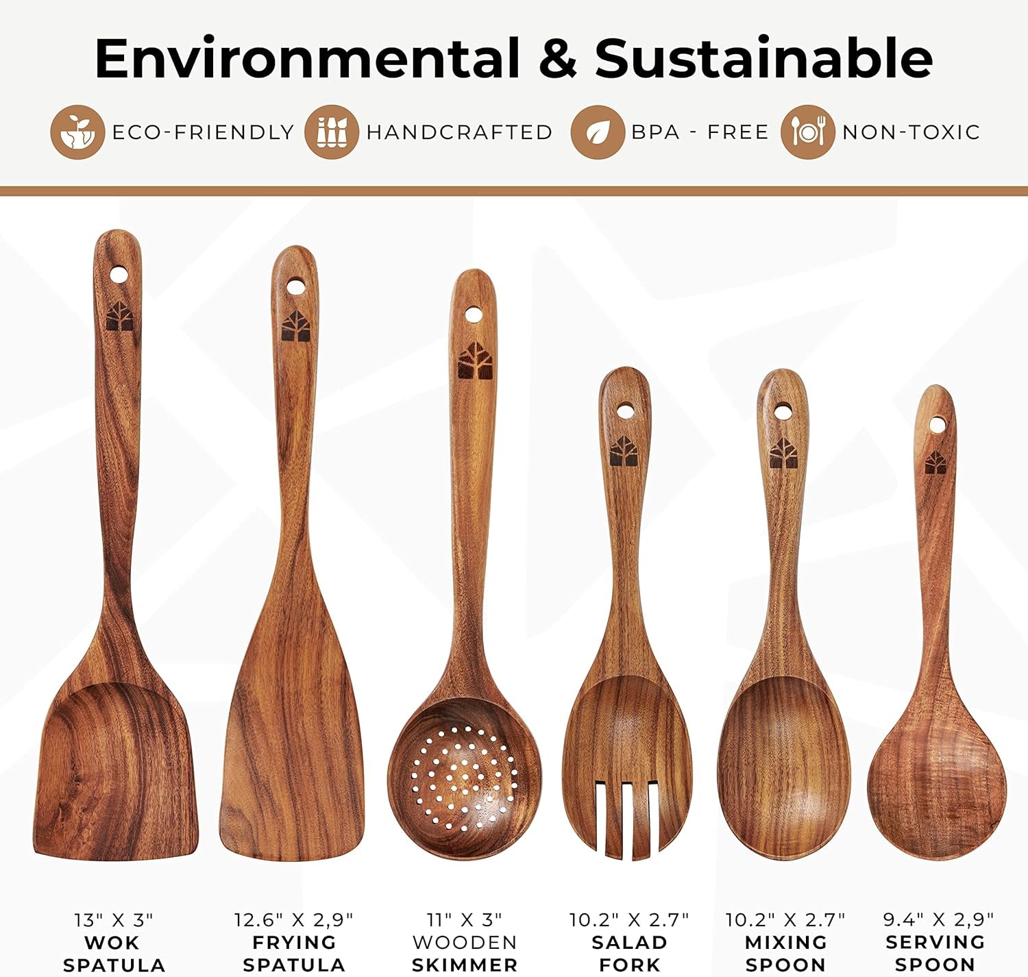 Wooden Spoons for Cooking – Wooden Kitchen Utensils Set, Multipack Teak Wood Utensil Set – Comfortable Grip Non–Stick Wooden Cooking Utensils