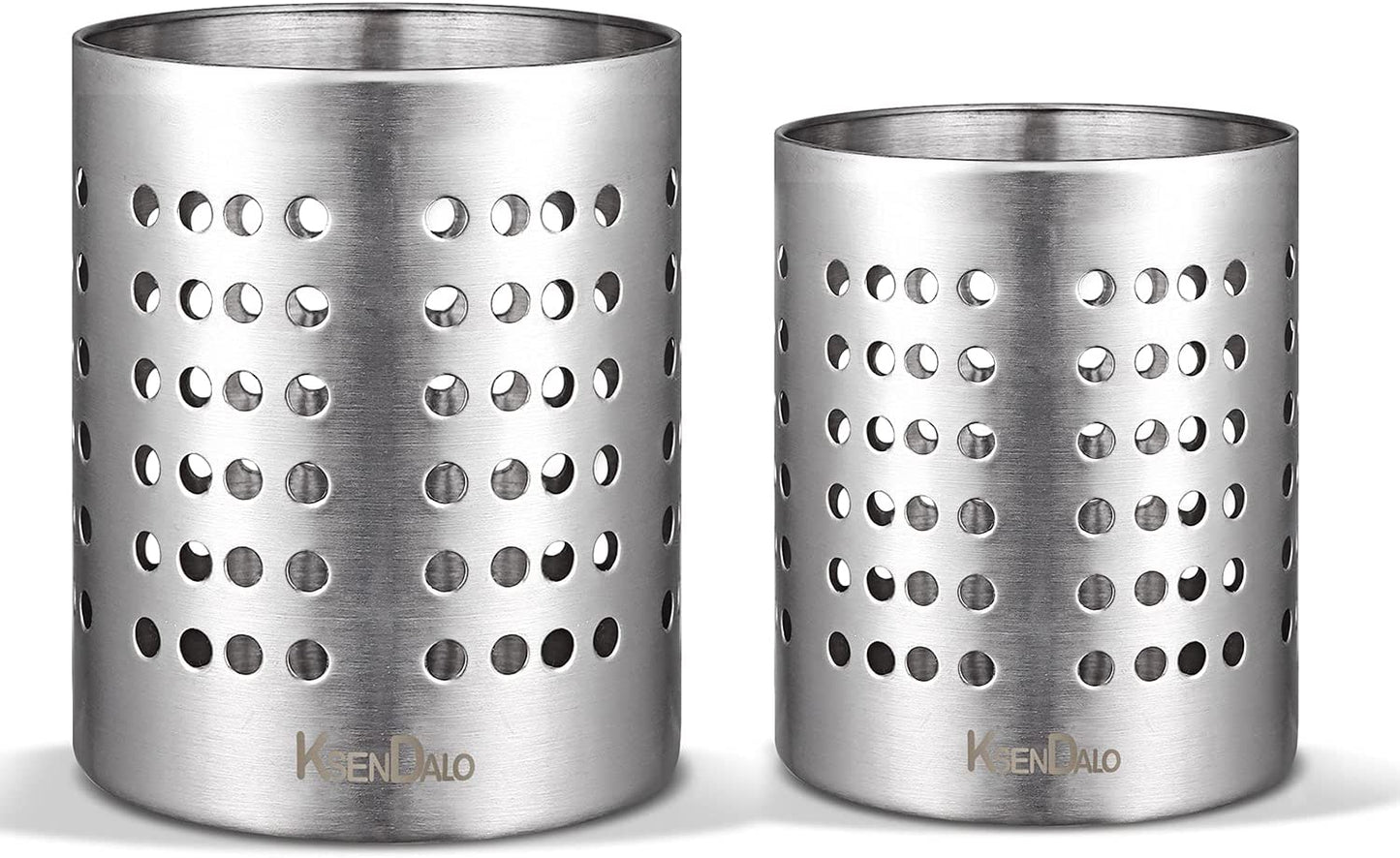 round SUS304 Stainless Steel Utensil Holder Set of 2 - Silver Caddy & Organizer for Drying Cooking Spoons, Spatulas, and Silverware - Essential Kitchen Container for Countertop