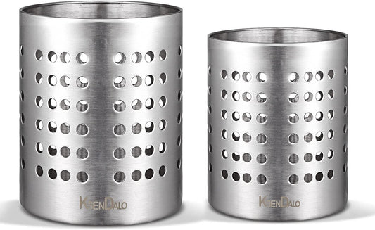 round SUS304 Stainless Steel Utensil Holder Set of 2 - Silver Caddy & Organizer for Drying Cooking Spoons, Spatulas, and Silverware - Essential Kitchen Container for Countertop